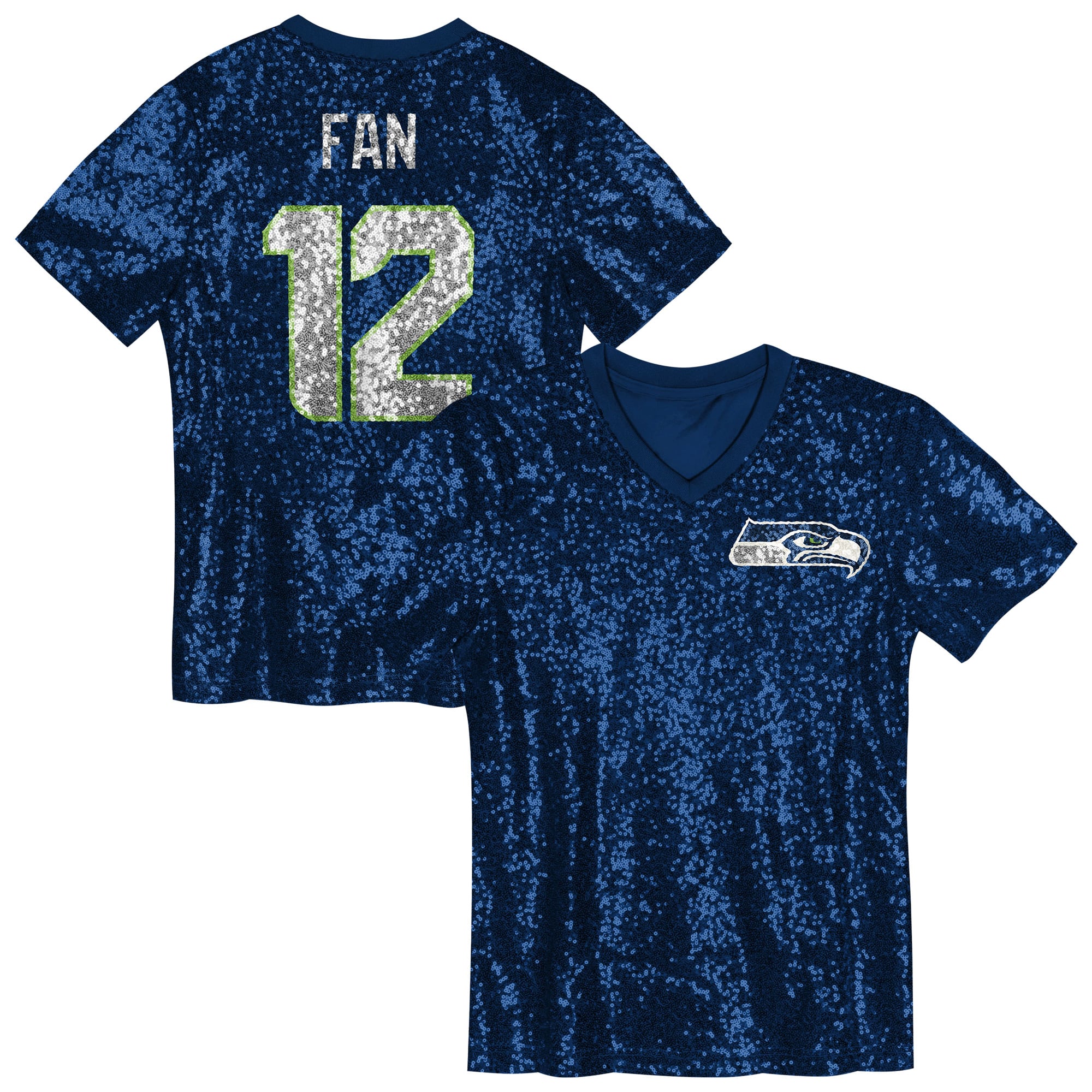 12 Fan Seattle Seahawks Girls Youth Sequin V-Neck Fashion Jersey - College Navy - Image 2