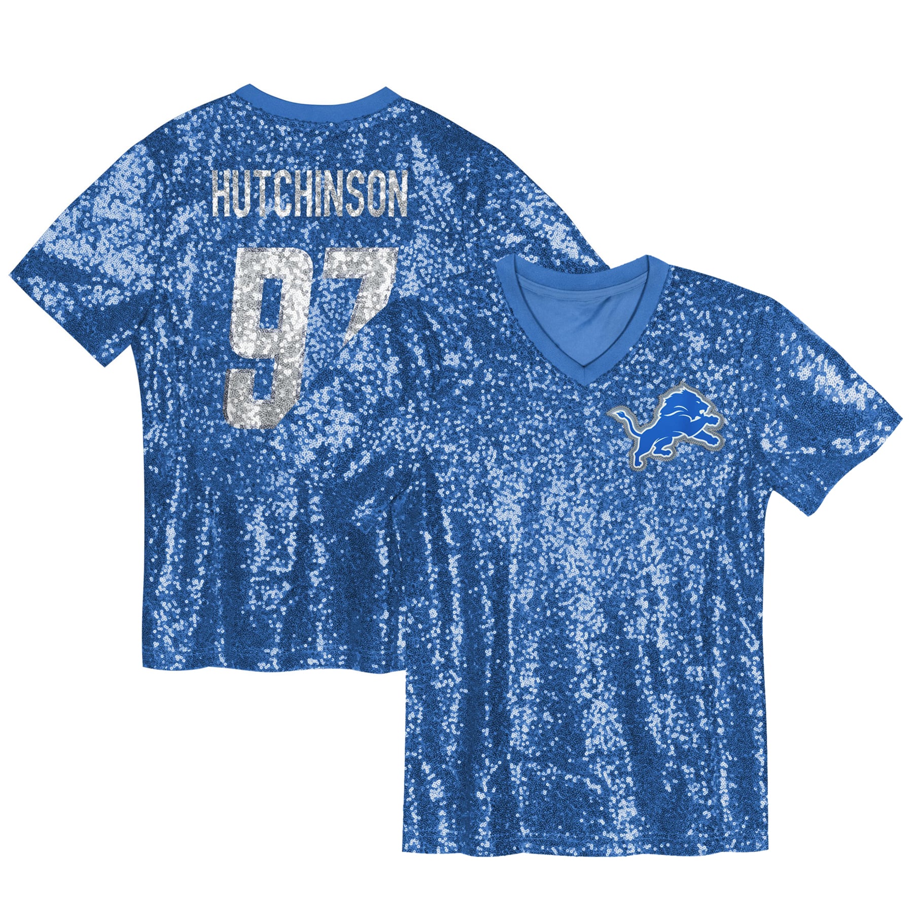 Aidan Hutchinson Detroit Lions Girls Youth Sequin V-Neck Fashion Jersey - Blue - Image 2