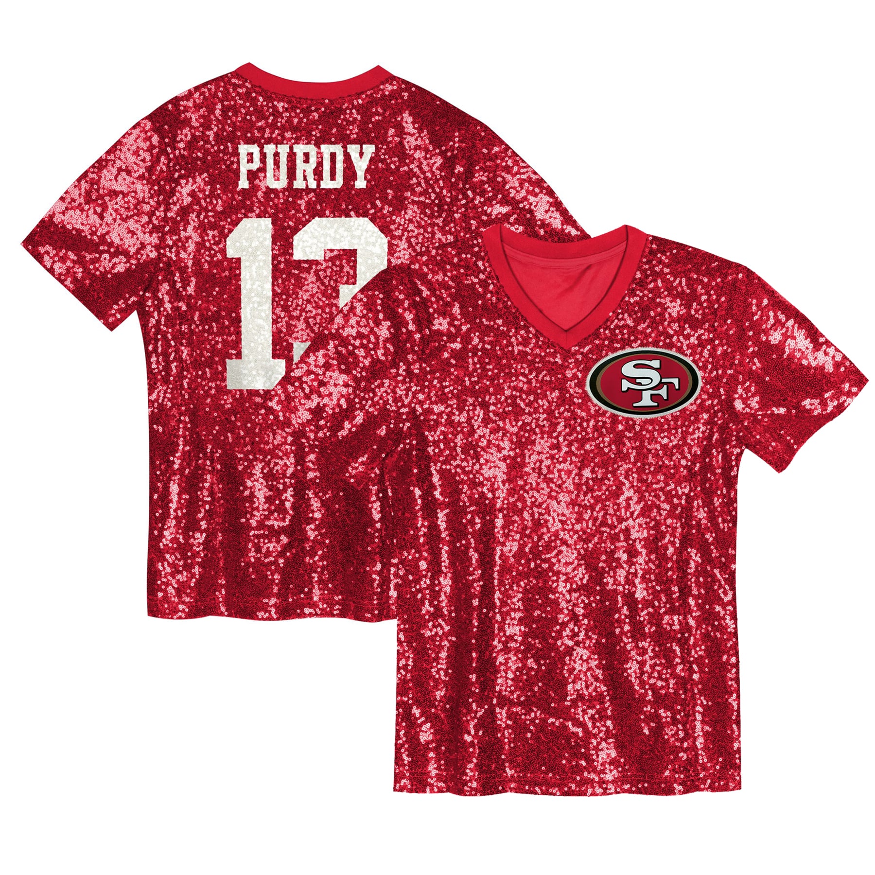 Brock Purdy San Francisco 49ers Girls Youth Sequin V-Neck Fashion Jersey - Scarlet - Image 2