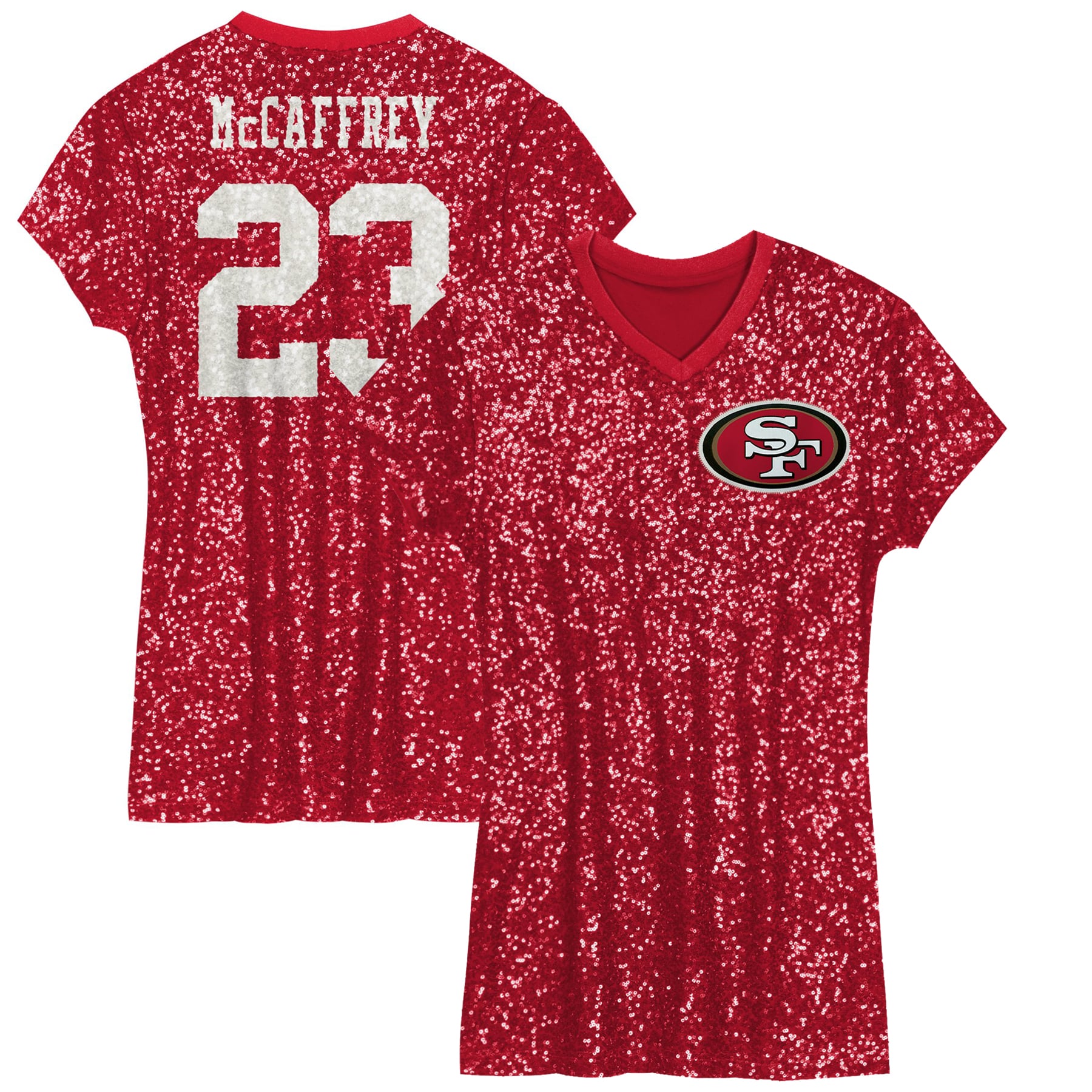 Christian McCaffrey San Francisco 49ers Girls Youth Sequin Player Name & Number V-Neck Dress - Scarlet - Image 2