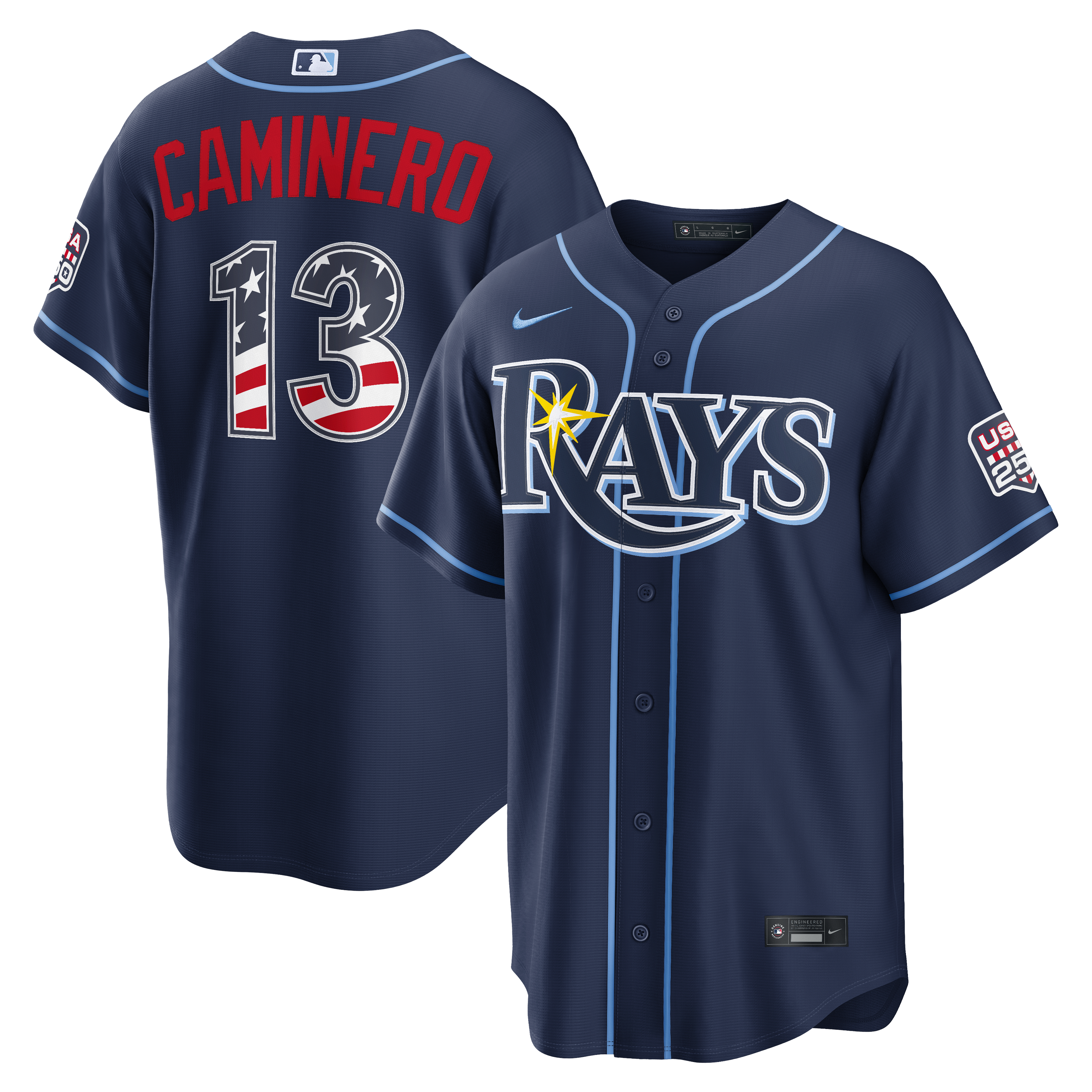 Fourth of July Tampa Bay Rays Junior Caminero Navy USA 250 Stadium Jersey - Image 2