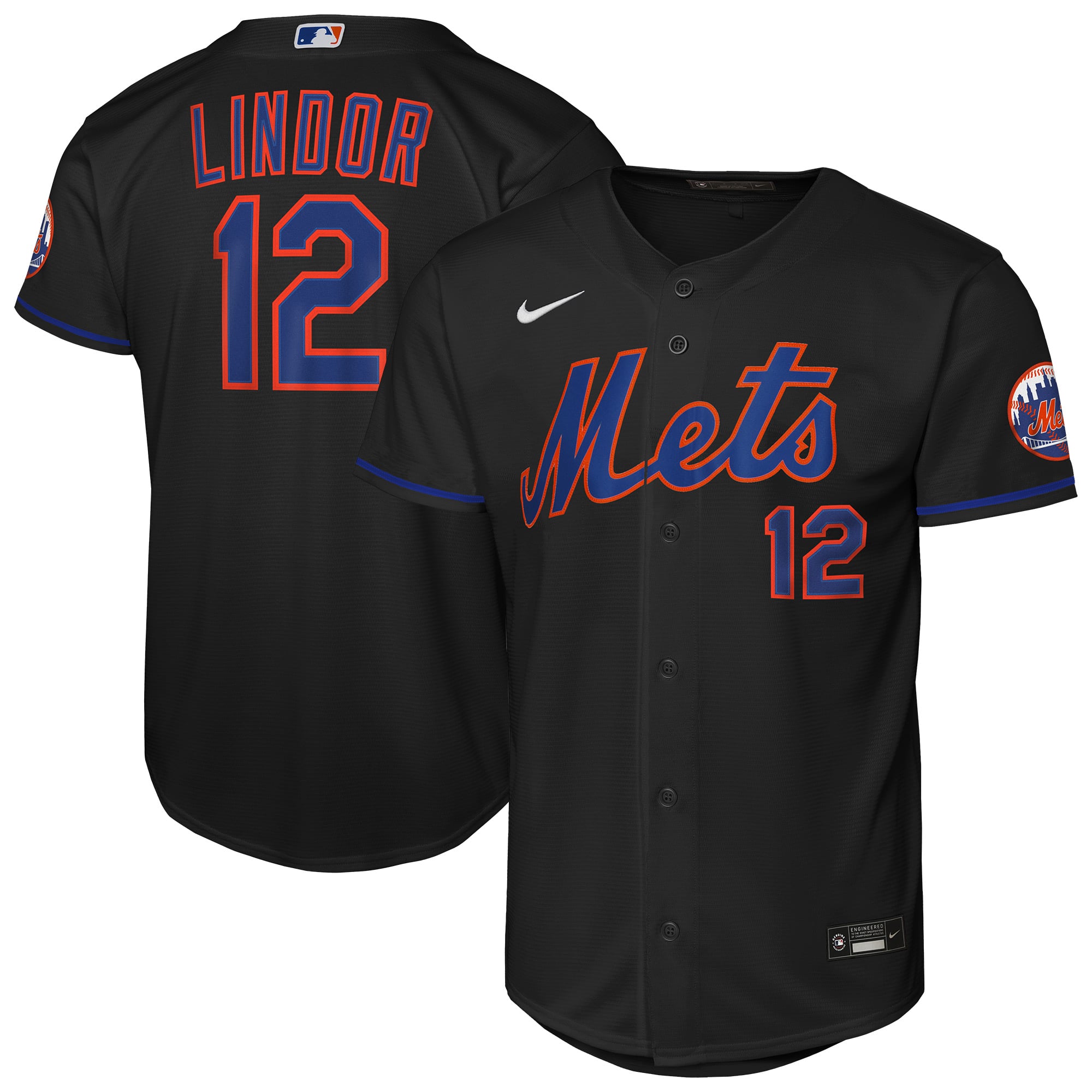 Francisco Lindor New York Mets Youth Road Stadium Player Jersey - Black - Image 2