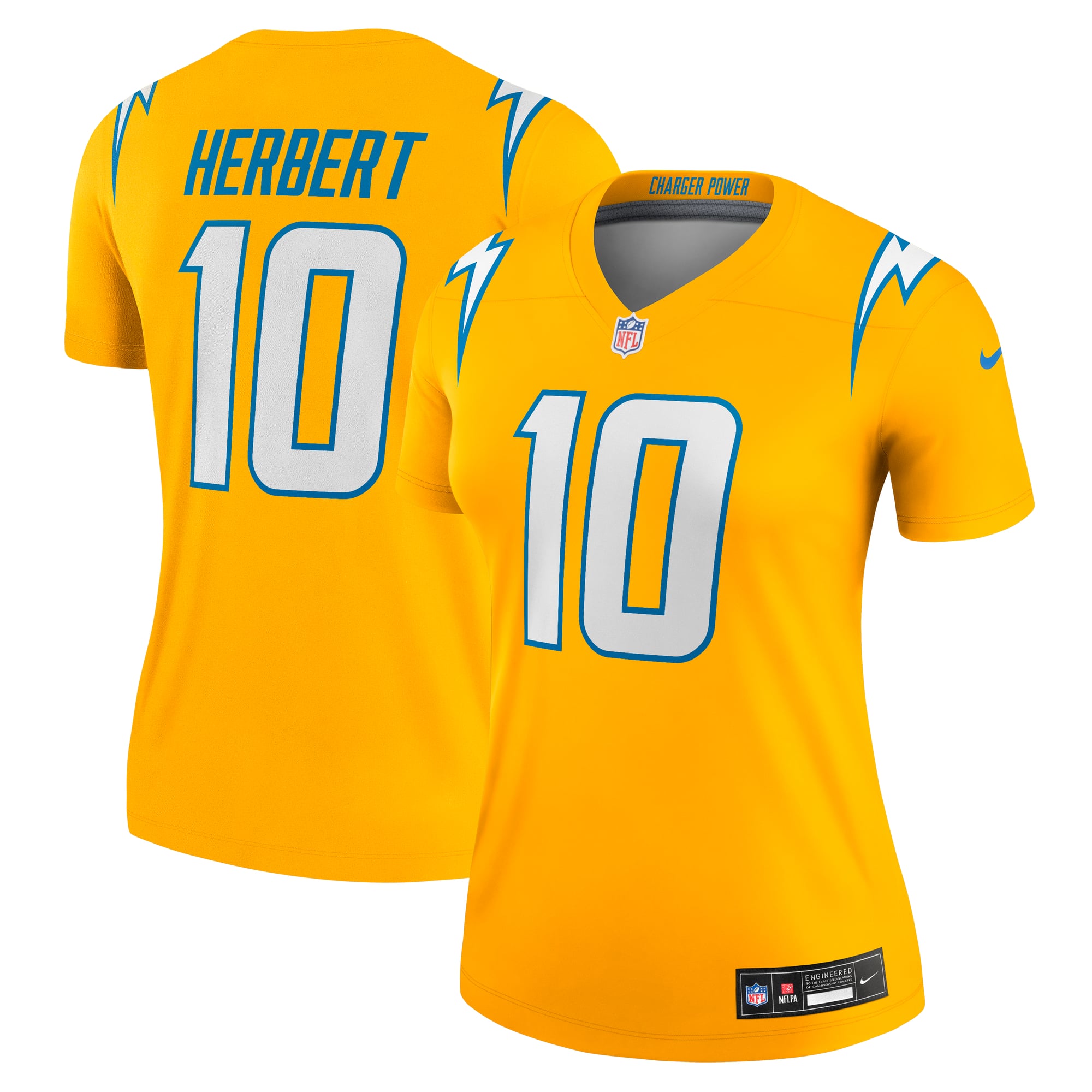 Justin Herbert Los Angeles Chargers Women's Alternate Charger Power Legend Player Performance Top - Gold