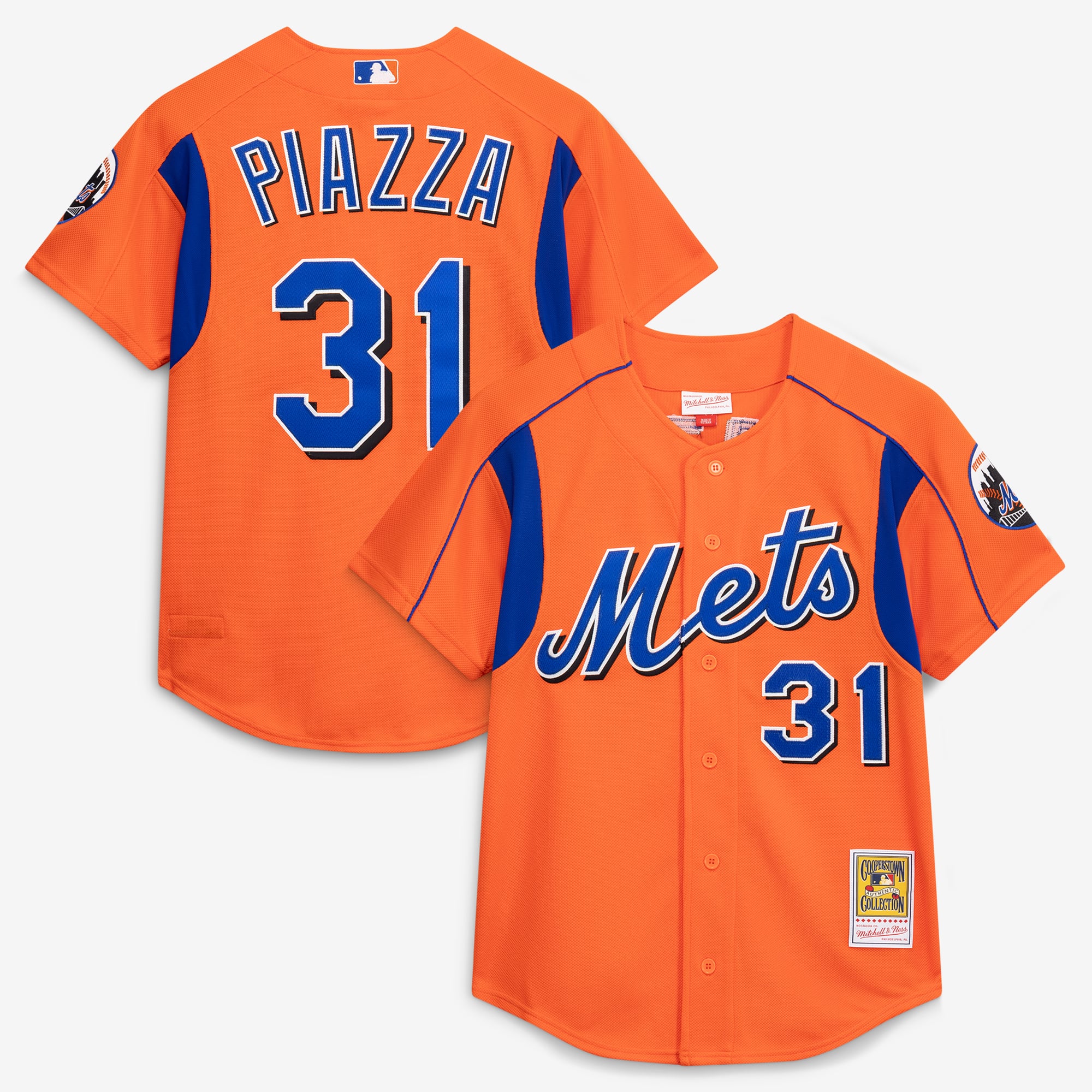 Mike Piazza New York Mets Cooperstown Collection Mesh Batting Practice Button-Up Jersey - Orange - Dark Orange - Image 2