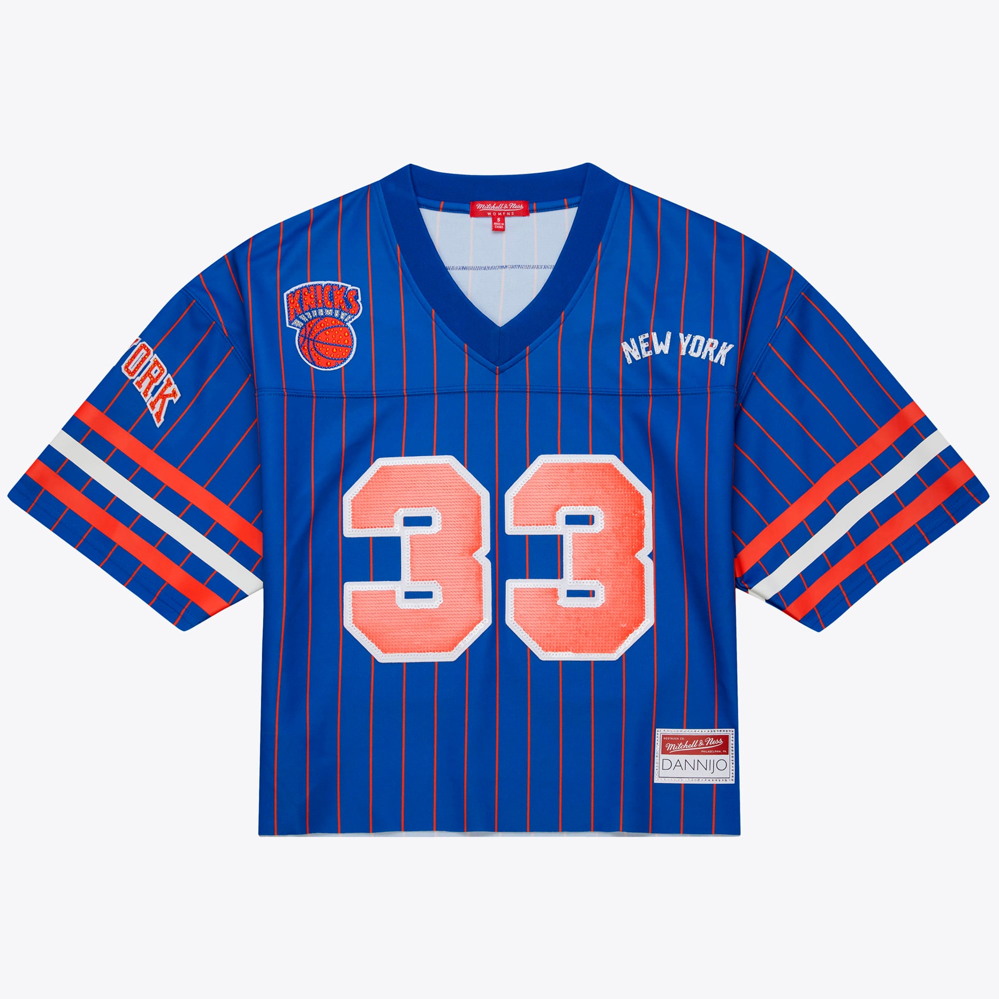 Patrick Ewing New York Knicks x DANNIJO Women's Name & Number Cropped Football Jersey - Blue