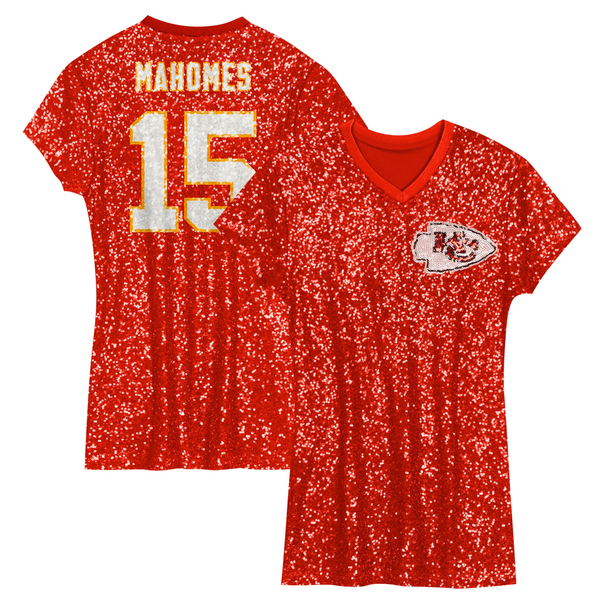 Patrick Mahomes Kansas City Chiefs Girls Youth Sequin Player Name & Number V-Neck Dress - Red - Image 2