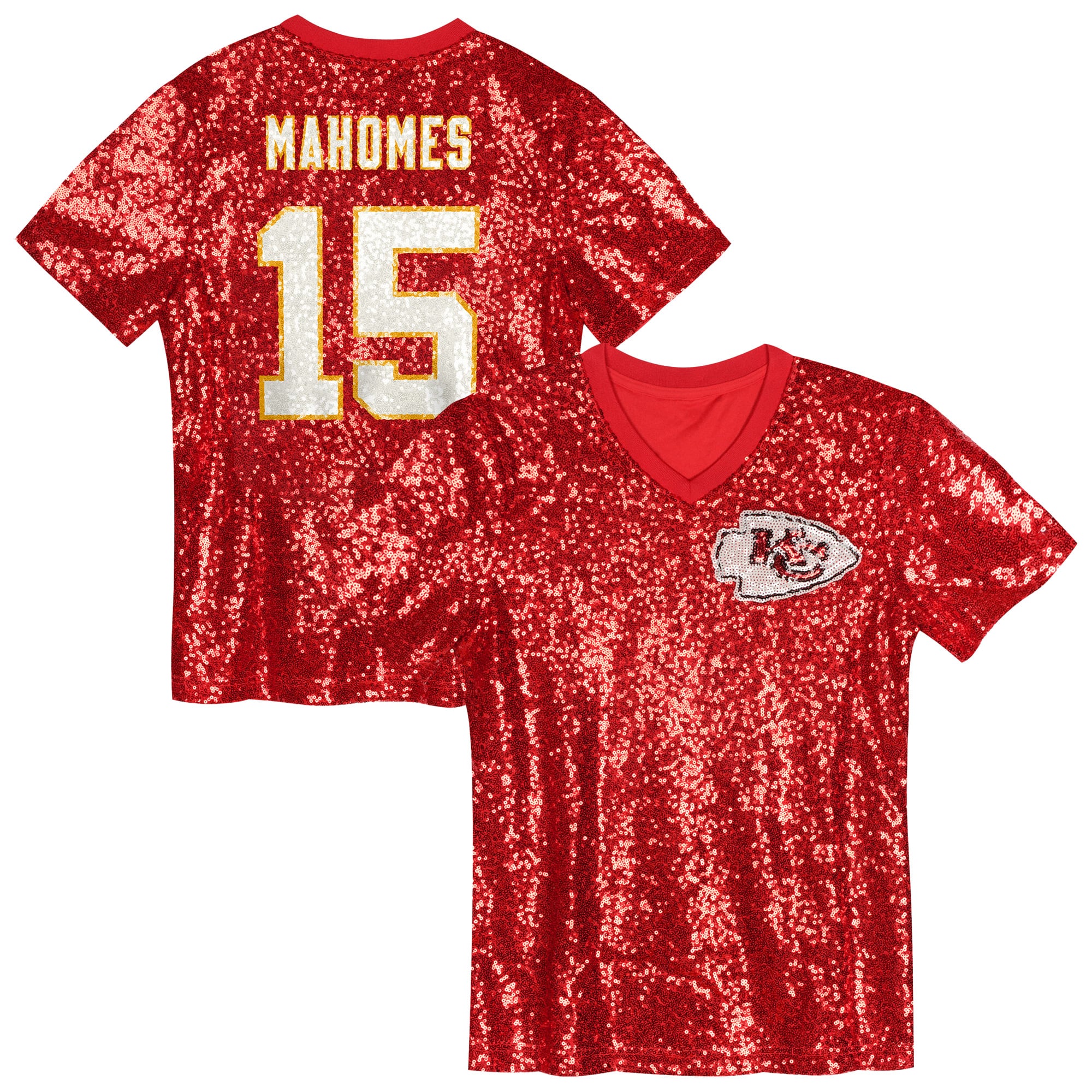 Patrick Mahomes Kansas City Chiefs Girls Youth Sequin V-Neck Fashion Jersey - Red - Image 2
