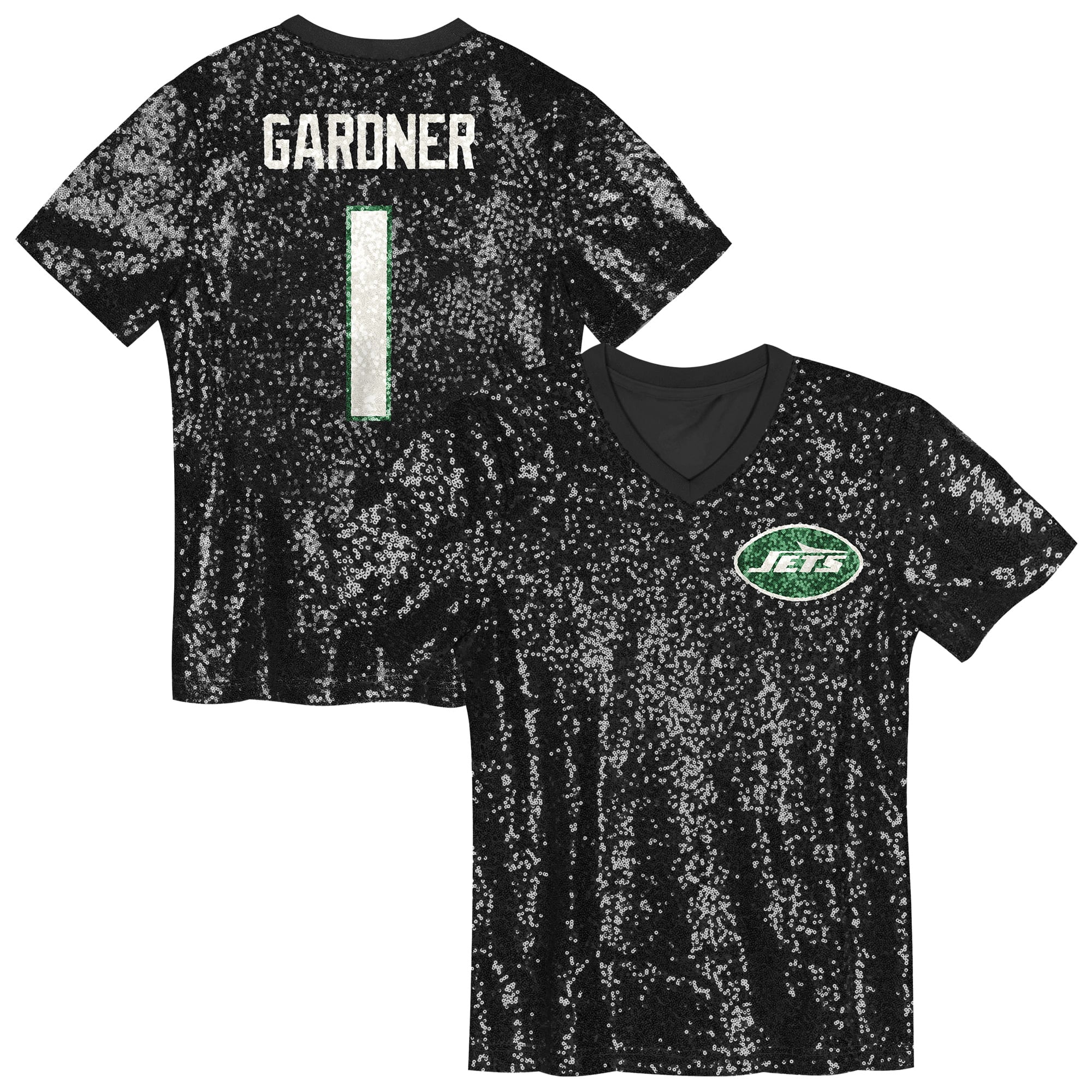 Sauce Gardner New York Jets Girls Youth Sequin V-Neck Fashion Jersey - Black - Image 2